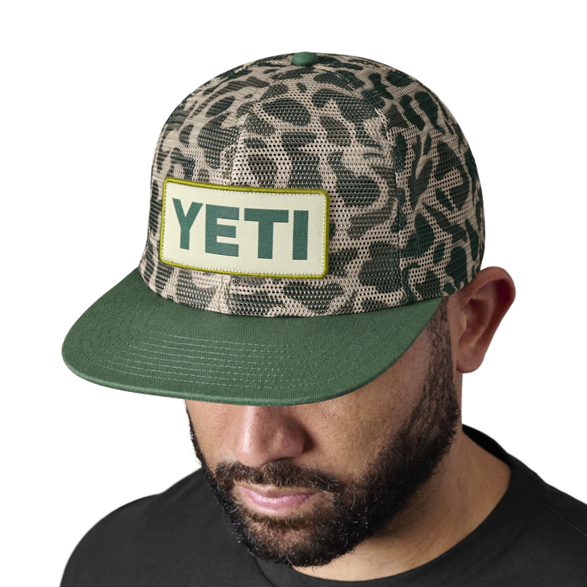 Yeti Camo Logo Badge Flat Brim Mesh Hat Green Camo