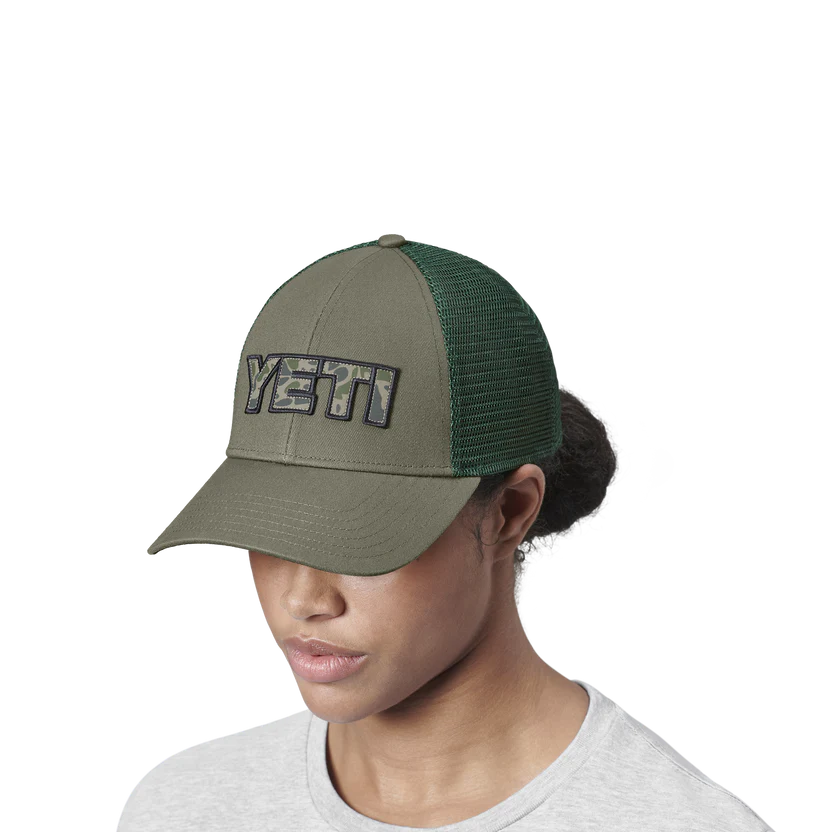 Yeti Camo Logo Badge Trucker Hat Olive
